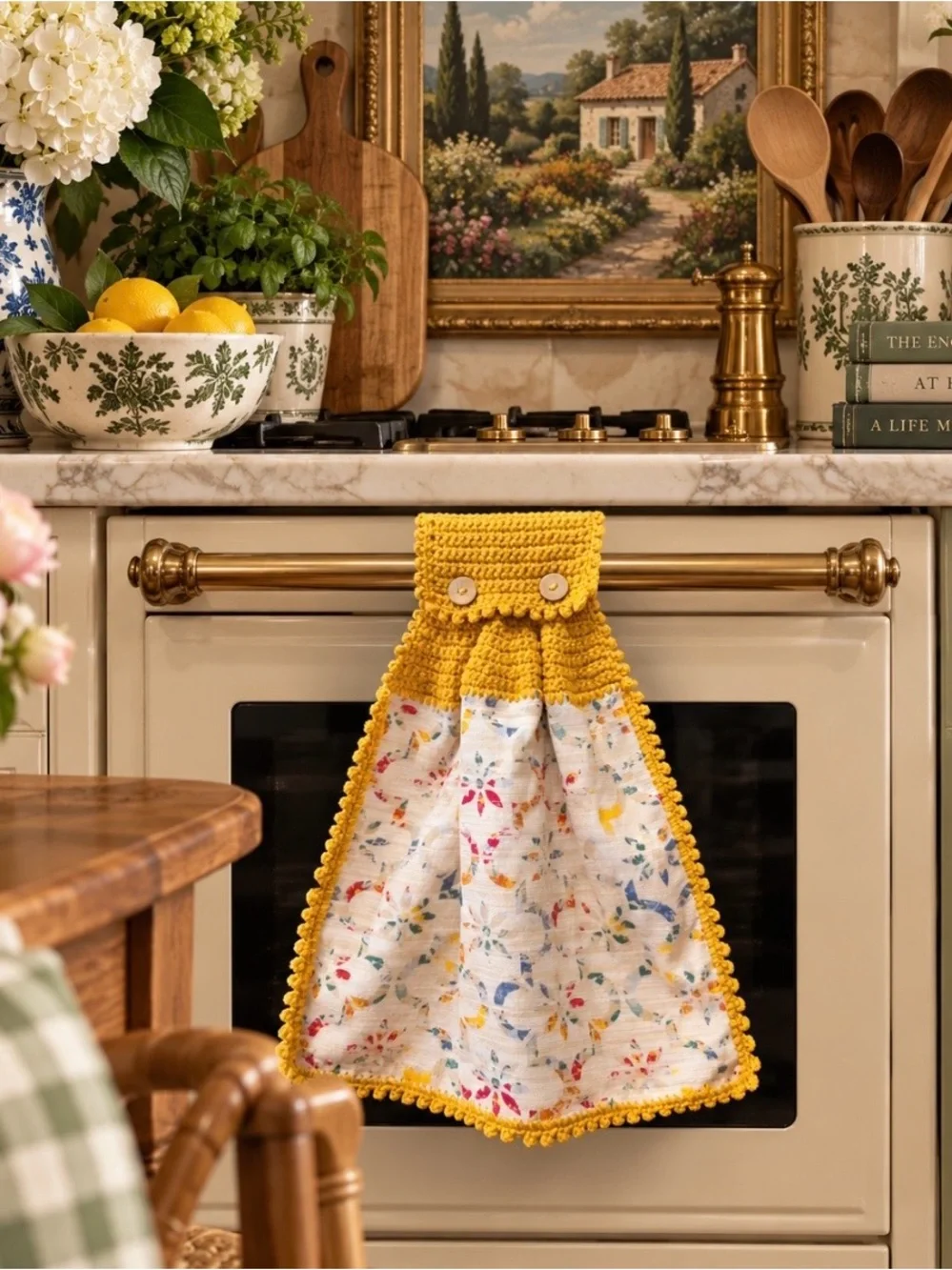 Handmade Crochet Hanging Kitchen Towel Mustard Gold Floral